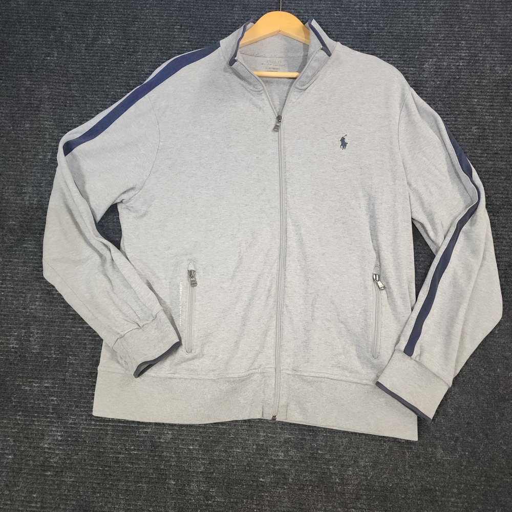 Polo Ralph Lauren Mens Large Gray Navy Stripe Full Zip Track Jacket